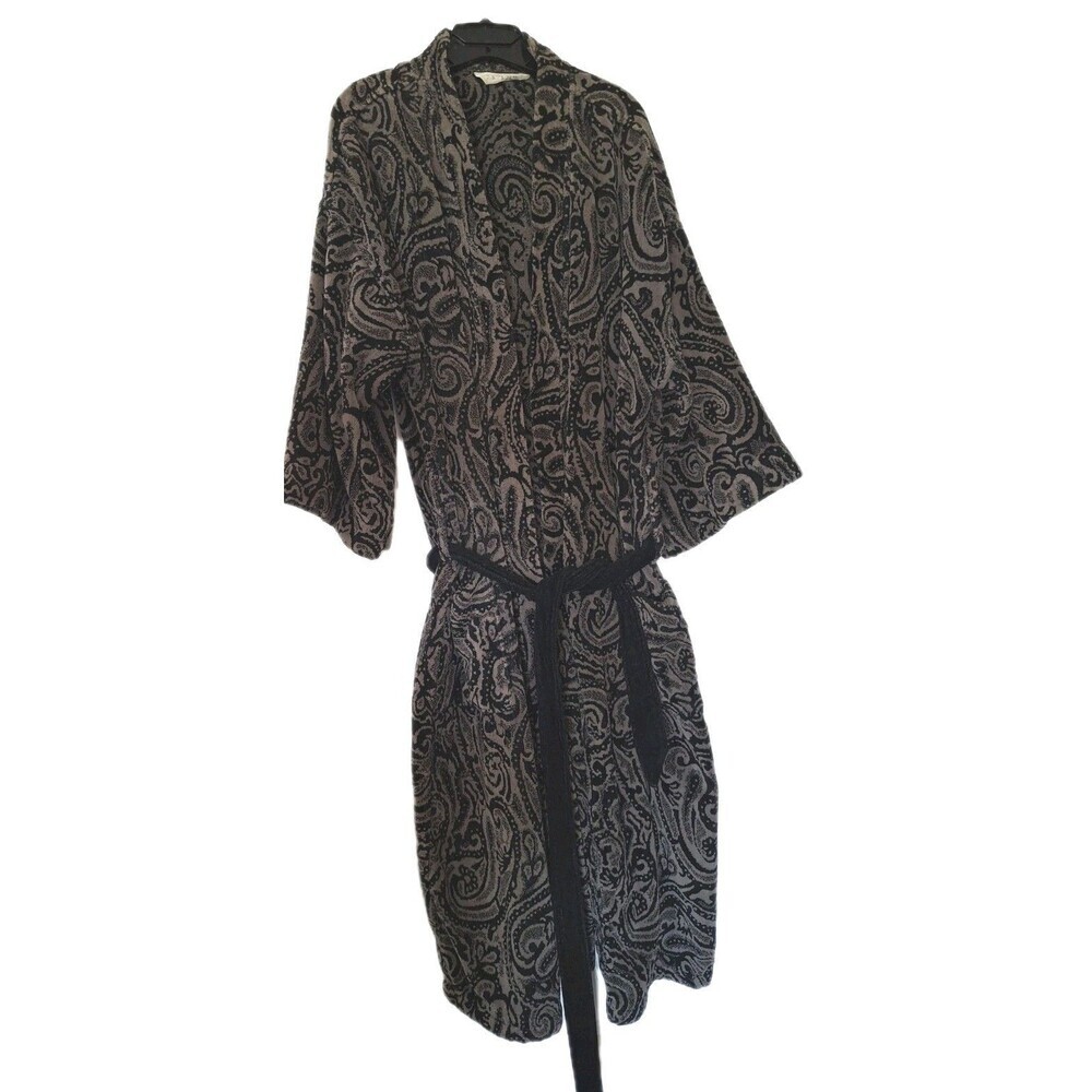 Vtg Pierre Cardin Terry Cloth Robe Large Tall Black Gray  Paisley Print Belted